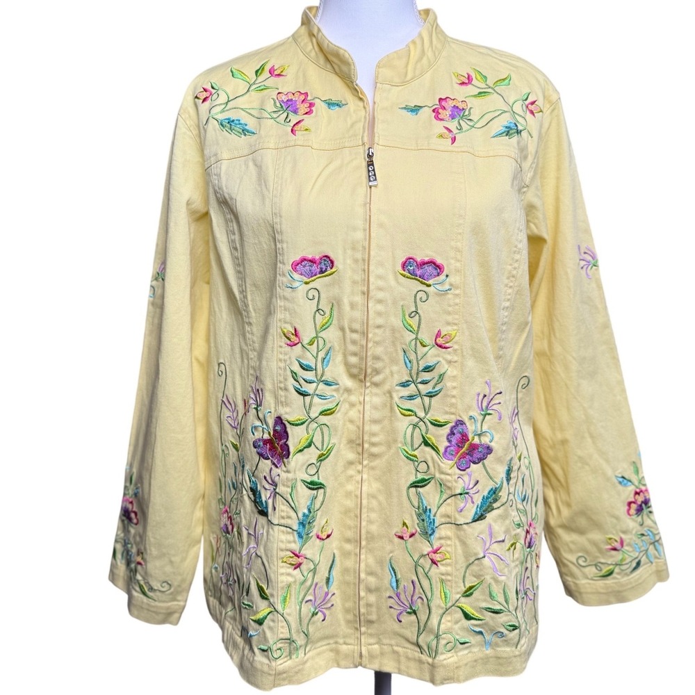 Embroidered Floral Zip Up Jacket Yellow Cottagecore Boho Butterfly Womens 1X